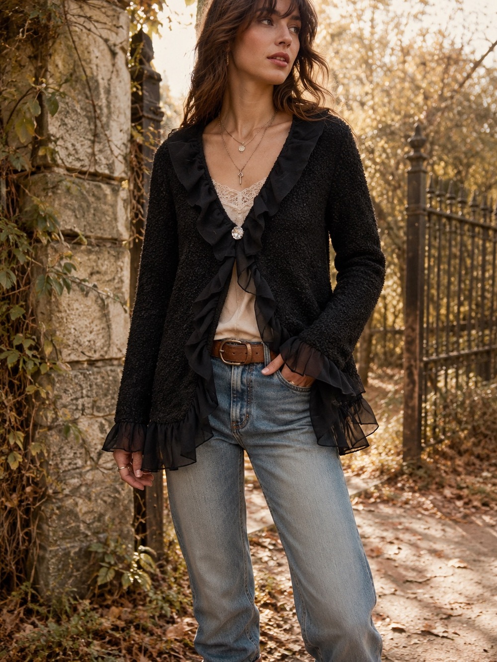 Decorated Originals Black Ruffle Cardigan Boucle Sheer Mesh Romantic Boho L